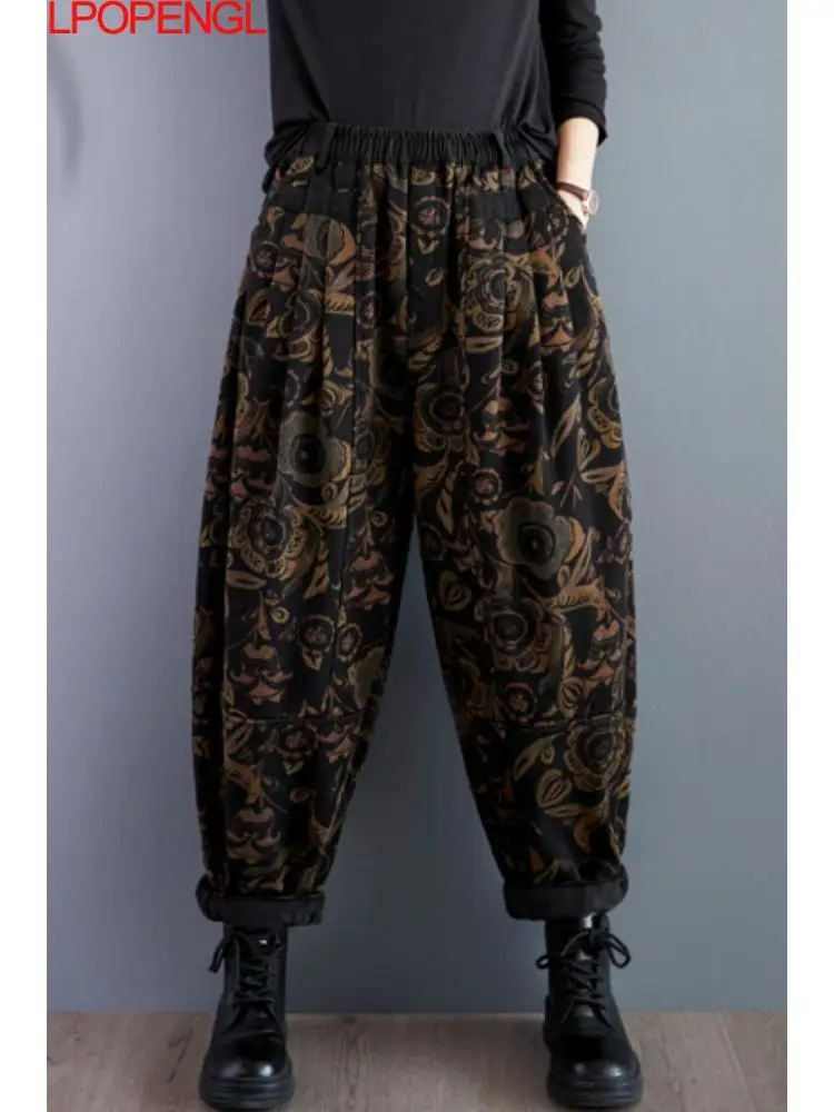 

New Women's Autumn And Winter Loose Fitting Vintage Thickening Denim Harem Pants Artistic Printed Velvet Streetwear Jeans Trend