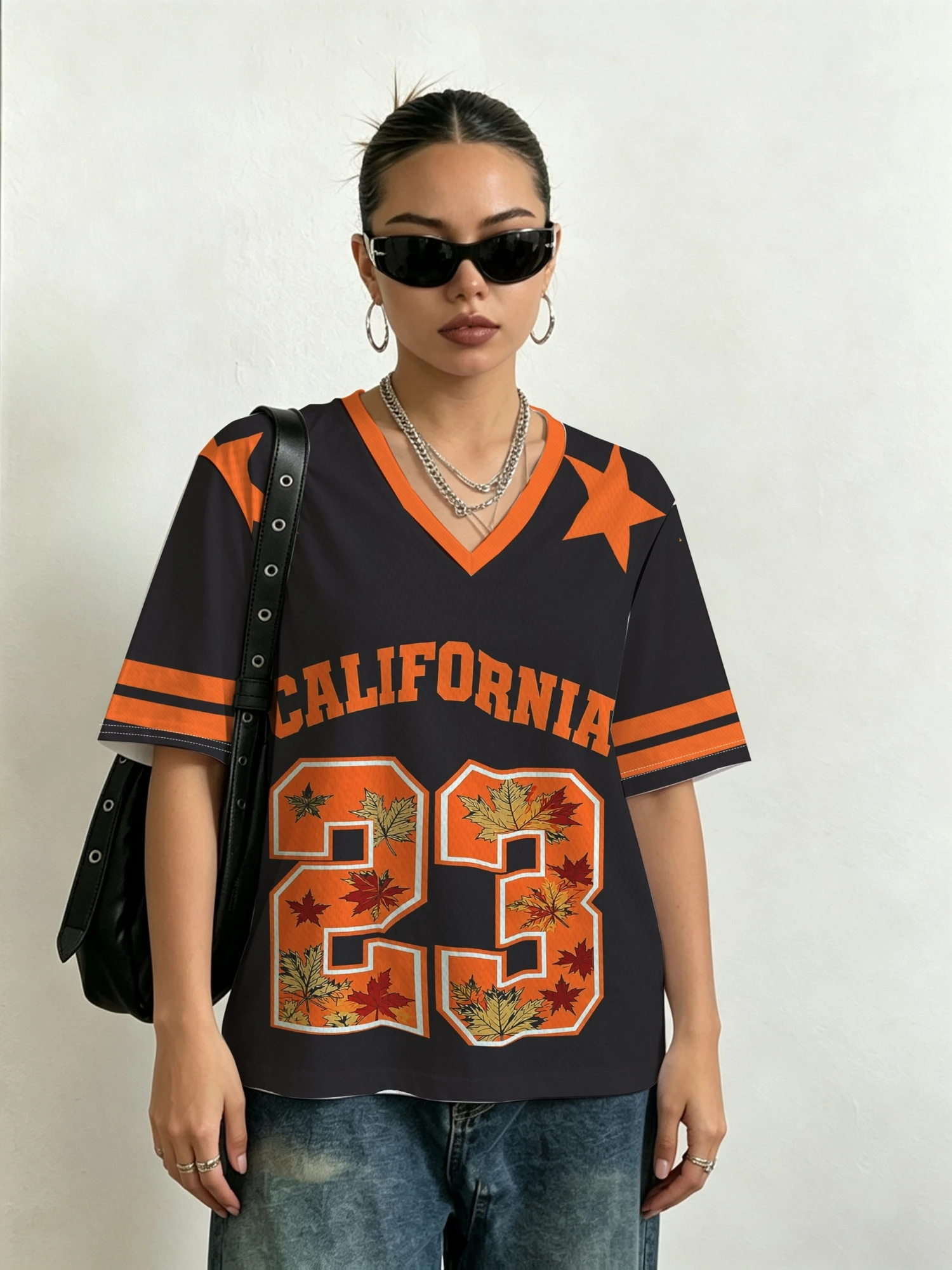 Summer Women's T‑shirt V Neck Short Sleeve CALIFORNIA 23 Maple Leaf Star Print Loose Vintage Sports Retro Street Casual Tops