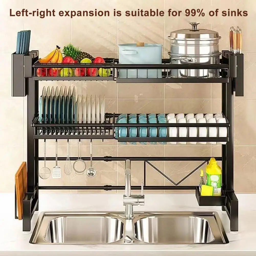 2 Tier Large Capacity Dish Rack, Sink Organize Stand, Kitchen Counter Storage Shelf Supplies for Plates Bowls Pots, Black