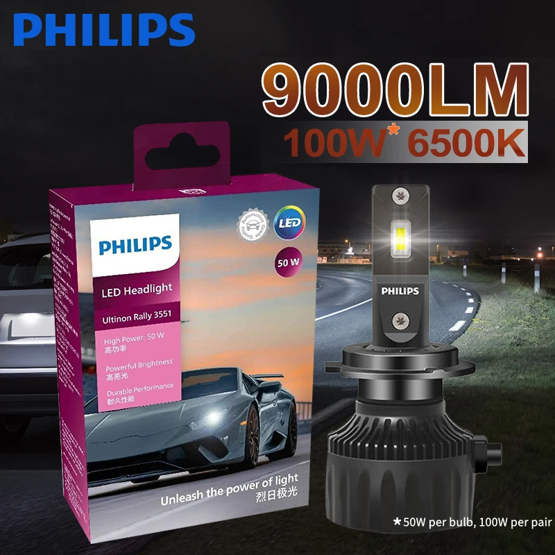 Bombilla LED Philips Ultinon Rally 3551 H4 H7 H11 HB3/4 9006 9005 HIR2 para Faros Delanteros de Automóvil, 6500K Blanco, Potencia Máxima 50W, Lumen Máximo 4500lm