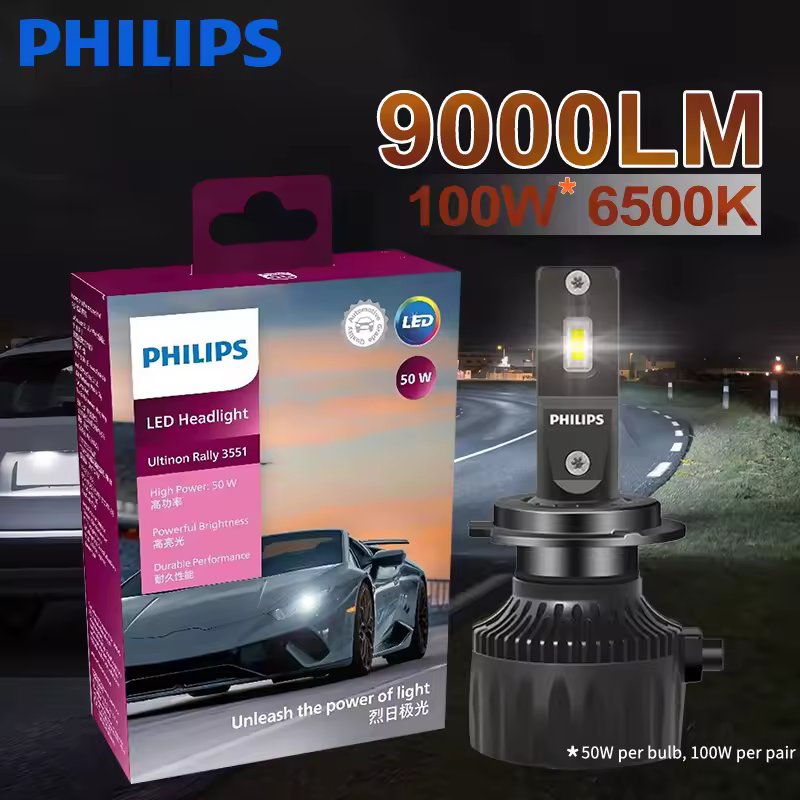 Ampoule LED Philips Ultinon Rally 3551 H4 H7 H11 HB3/4 9006 9005 HIR2 pour phares de voiture, 6500K blanc, puissance maximale 50W, luminosité maximale 4500lm
