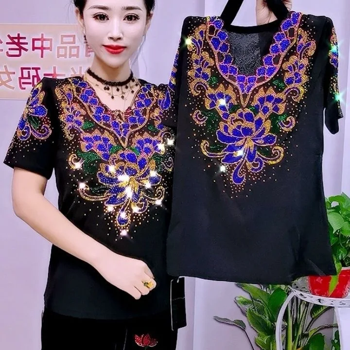 

Floral Beading T Shirt 2025 Summer Lace Clothes For Women Tees Top Short Sleeve T-shirts for Women