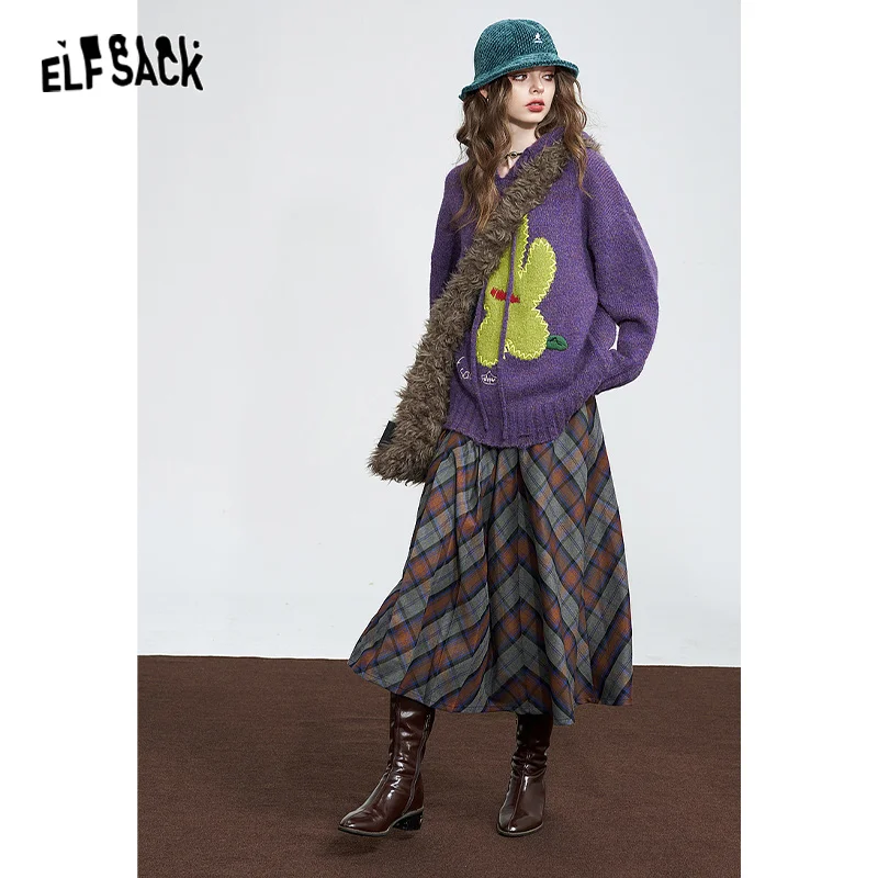 ELFSACK Checkered Pleated Skirt Woman 2023 Winter Academic Style Casual Daily Skirt