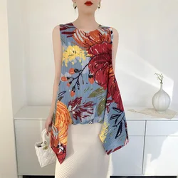 Miyake Pleated Tops Loose Plus Size High Quality Women's Sleeveless Vest Fashion Printing Slim Hundred T-shirt 2025 Summer New