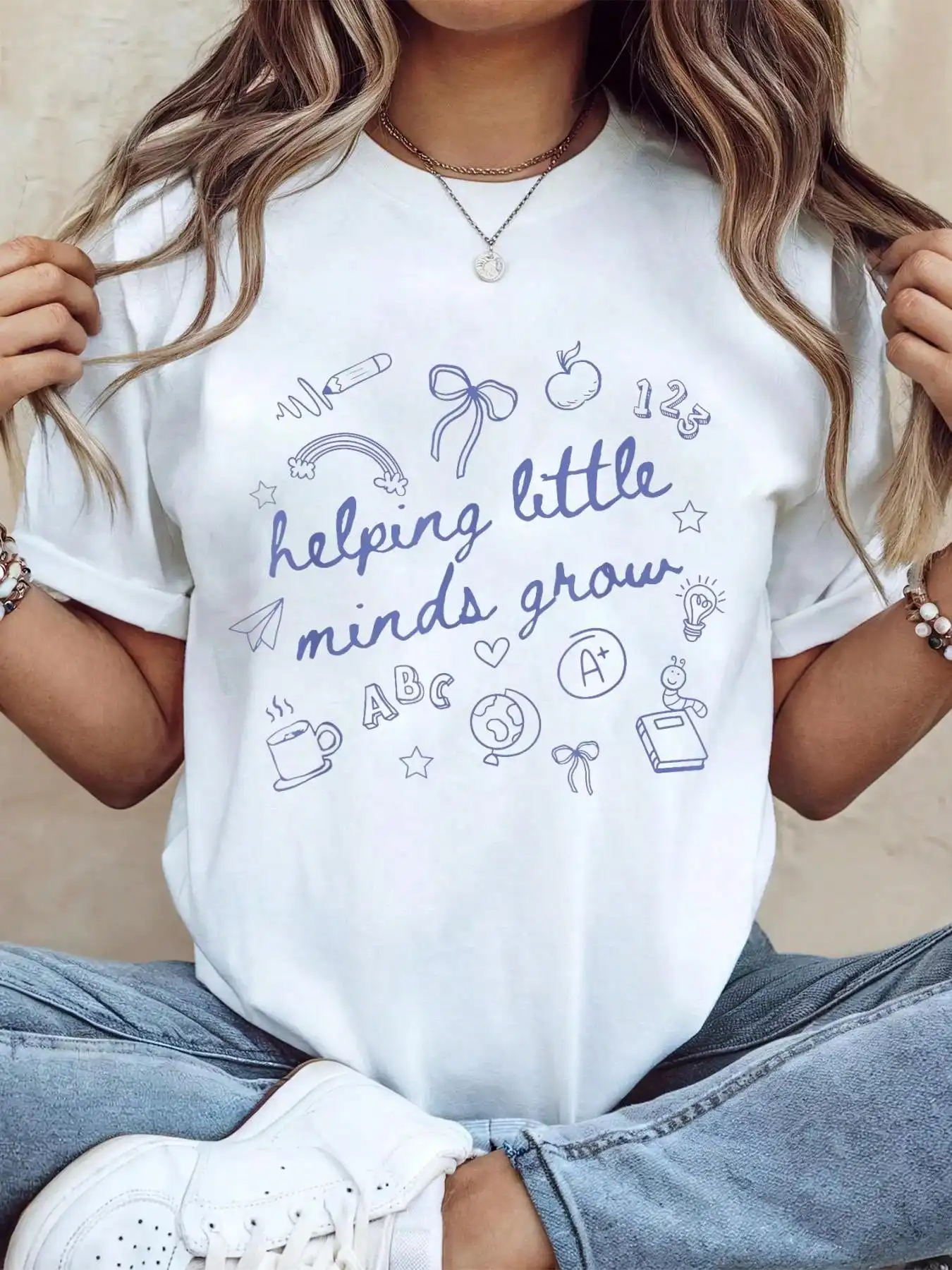

Helping Little Minds Grow Graphic Tee - Casual Crew Neck Short Sleeve Cotton T-Shirt for Women