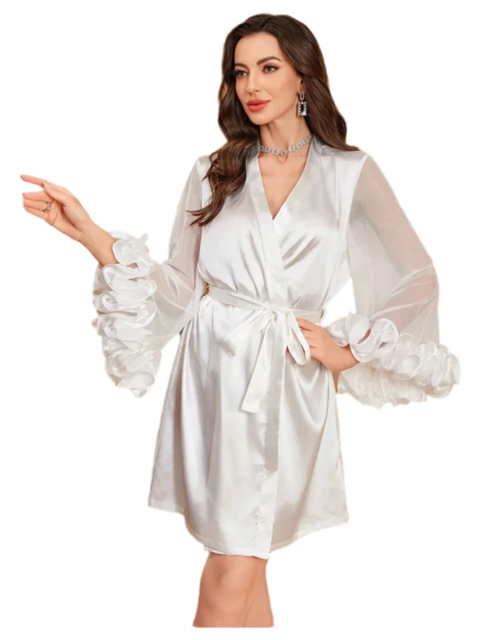 

Casual Style Dress Sheer Flare Ruffle Long Sleeve Waist Belt Short Nightgown For Woman Solid Color Sleepwear Dress Elegant V3VP