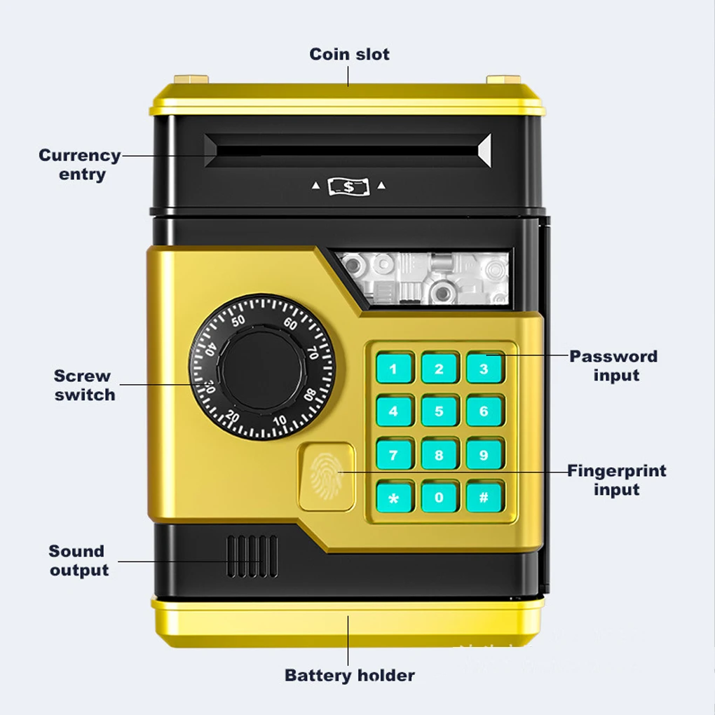 ミニ金庫型貯金箱-自動硬貨現金貯蓄バンク-コードキーロック付き-子供用電子貯金箱-atm指紋パスワード