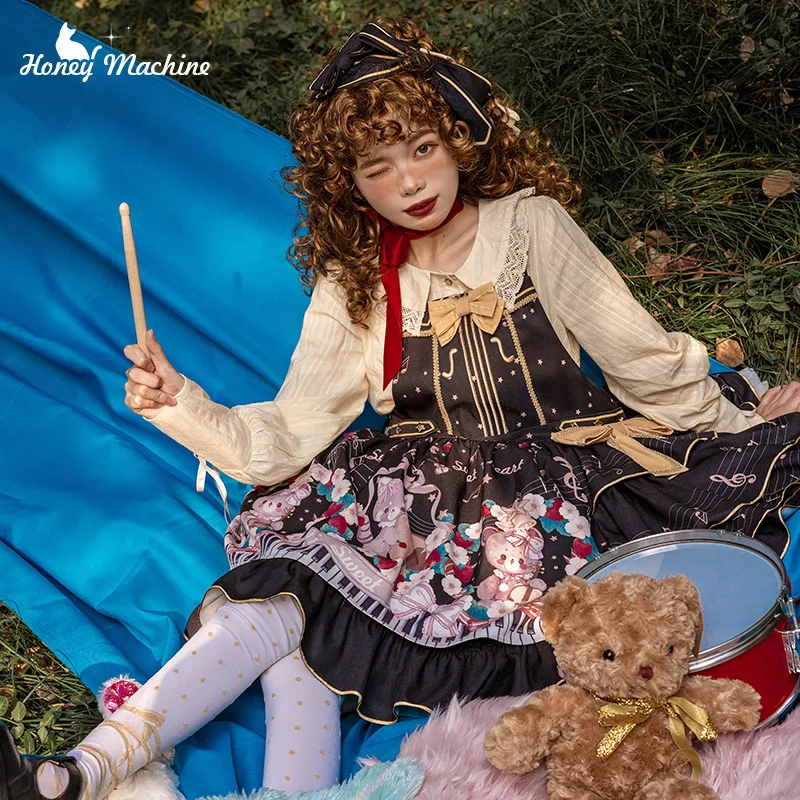 Vestido de floresta para cosplay, impressão de urso bonito, Lolita Falbala, cintura alta, vestido vitoriano, laço bowknot, Loli