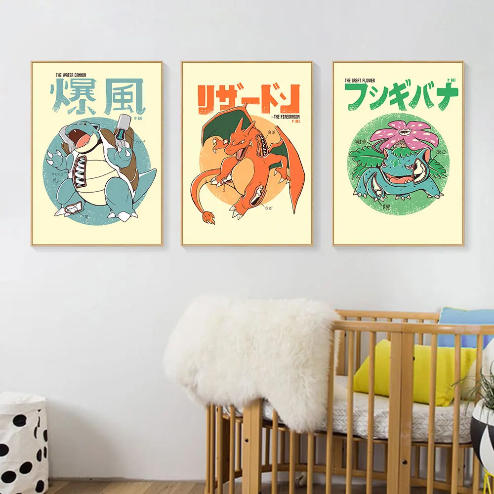 Canvas Painting Anime Pokemon Introduction to the Internal Body Poster Peripherals Charizard Blastoise Kawaii Picture Wall Decor