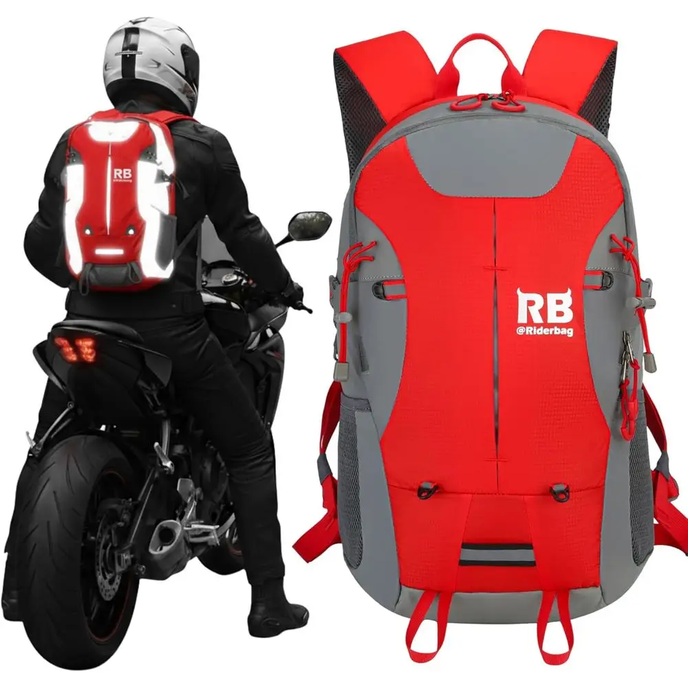 

High Visibility Motorcycle Backpack for Commuters, Night Riders, and Daily Use with Helmet Holder, Laptop Compartment, Ventilate