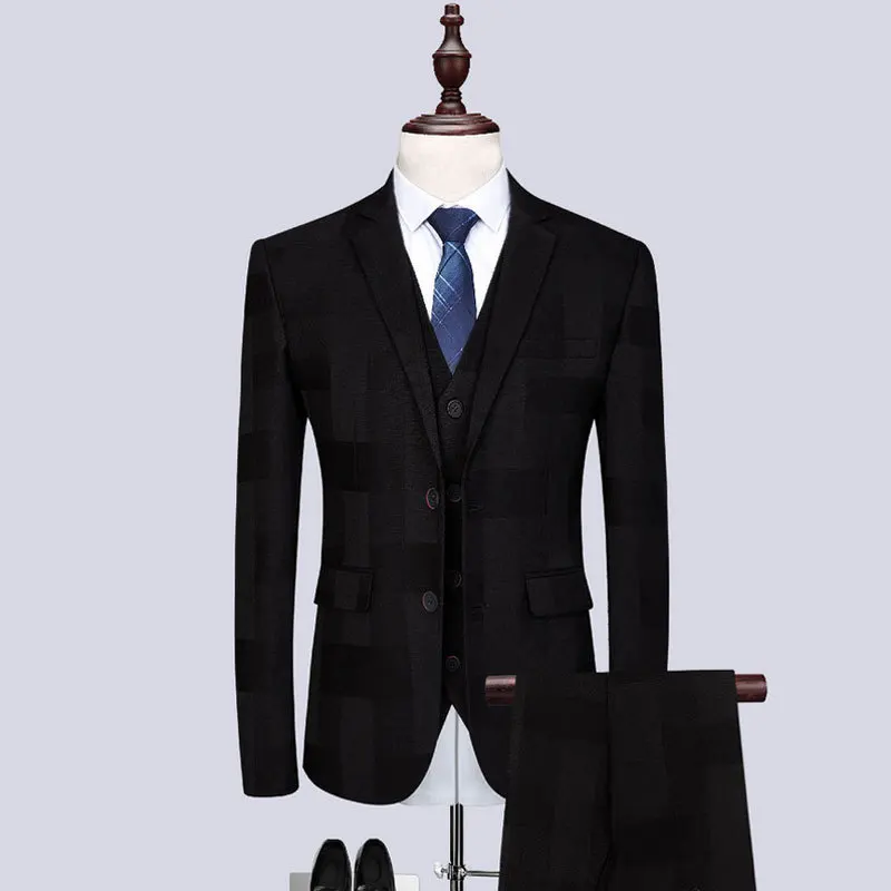 

Fashion Elegant Blazers Suits For Men Pants Vest /Male Business Compere Plaid Two Button 3 Piece Sets Jacket Coat Trousers