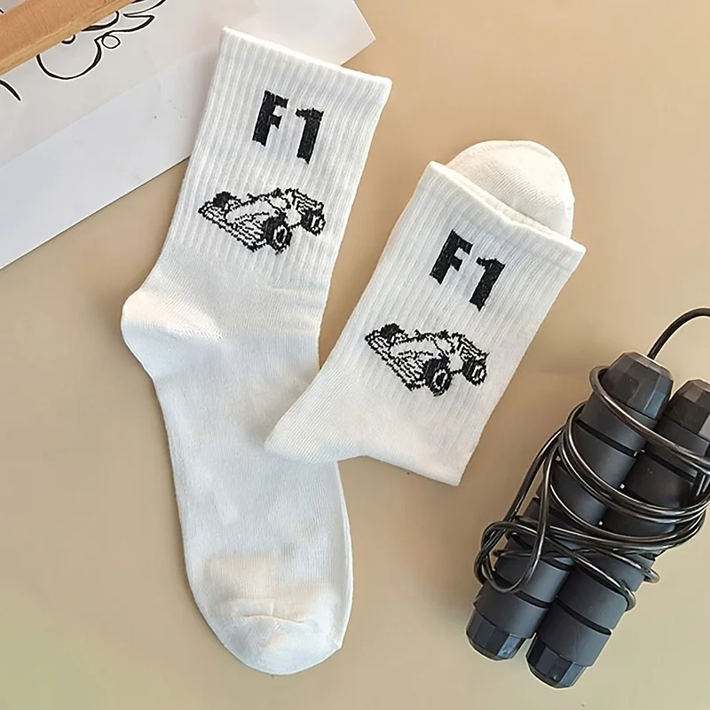 1 Pair Men's Fashion Racing Driver Pattern Crew Socks, Stylish White Cotton Socks with Minimalist Design,All Season Casual Socks