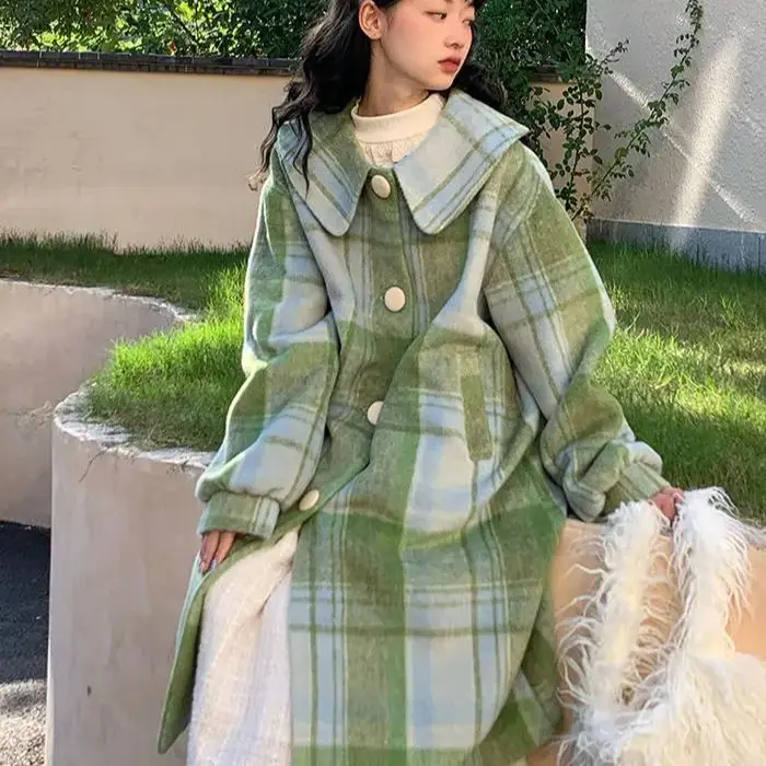 

Woolen Coat Loose Fit Plaid Green Button Design Doll Collar Big Size Long New Long Sleeve Women Fashion Tide Autumn Winter 2023