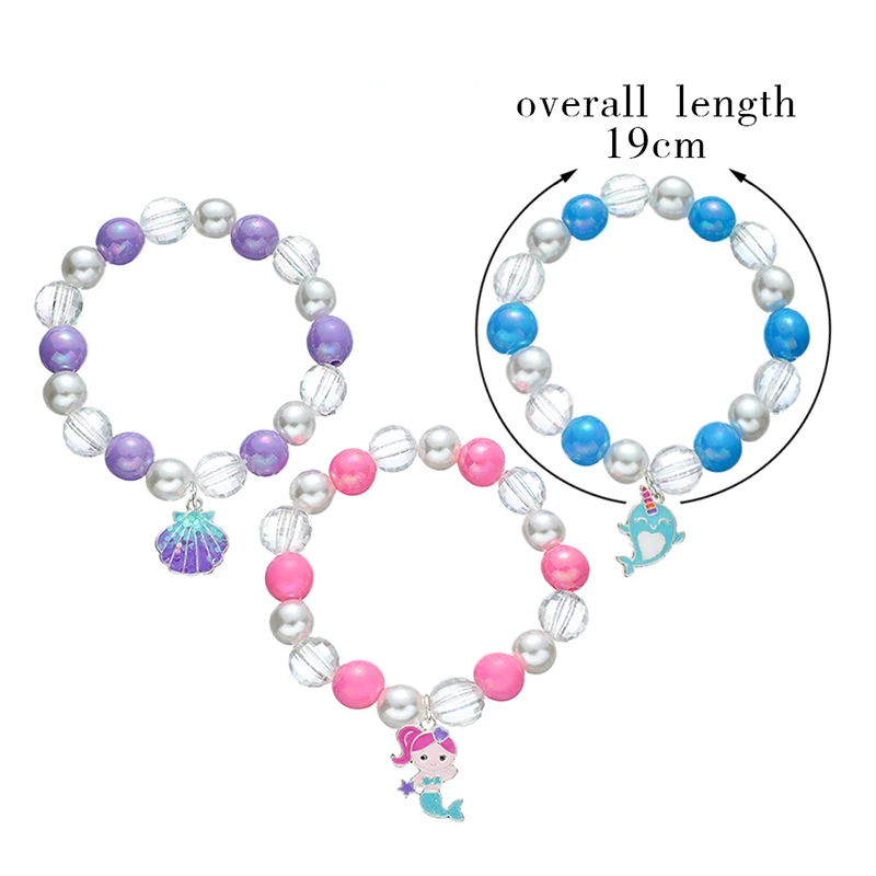 3Pcs/set Handmade Stretch Coloured Beaded Bracelets with Shell Mermaid Dolphin Charm for Women Girls Jewelry