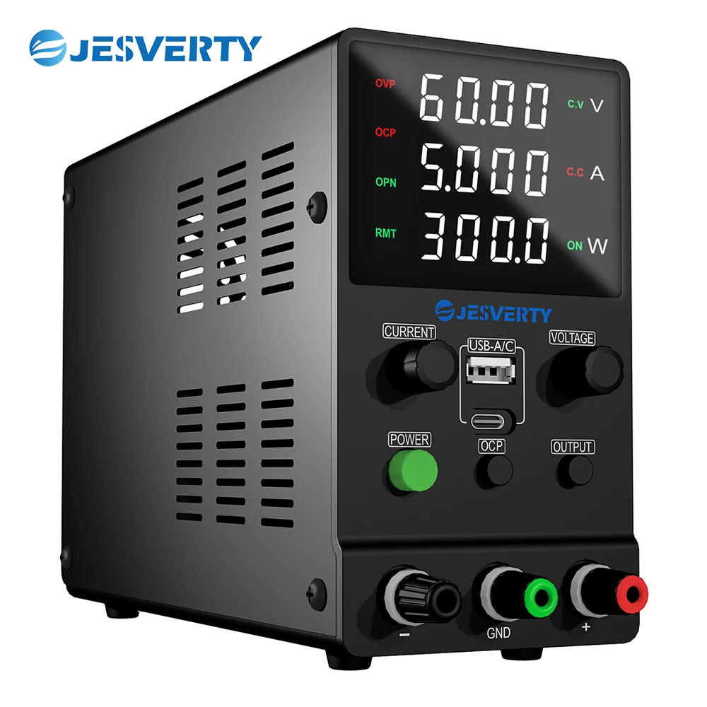 Jesverty 6005M DC Power Supply 0-60V 0-5A Bench Switching Power Supply with 20W USB & Type-C Quick-Charge Output