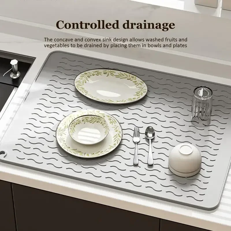 Silicone Dish Drying Mat Heat Resistant Foldable Non-Slip Dish Draining Mat Kitchen Countertop Drip Tray Sink Pad Placematslarge