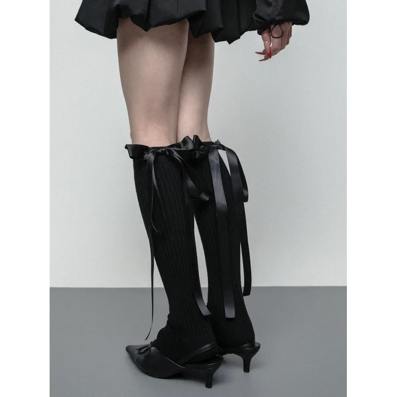 

SS2LAutumn Winter Satin Ribbon Bowknot Sweet Cool Girl Thickened Warm Plush Calf Socks Long Tube Socks for Women