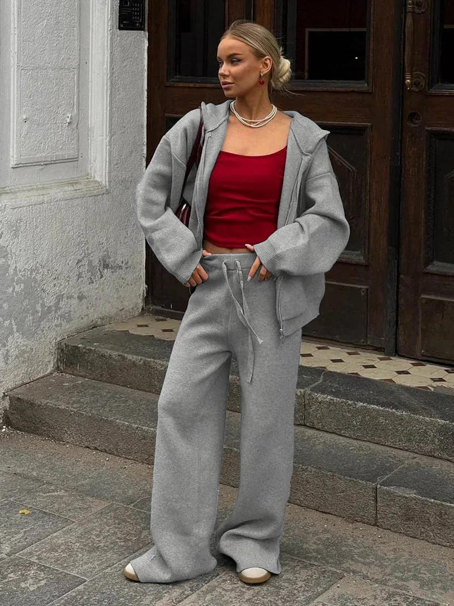 LIinar Zipper Hooded Cardigan Set Women Fall Winter 2026 Knit Cardigan Wide-Leg Pants Casual Loose-Fitting Solid-Color Knit Set