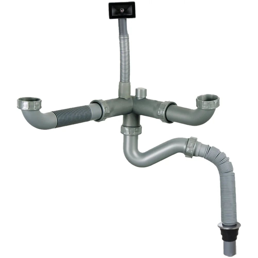 Double Bowl Kitchen Sink Drain Pipe with For v-Shaped Smell Trap Adjustable Telescopic 470-990mm PP PFor Rubber Construction