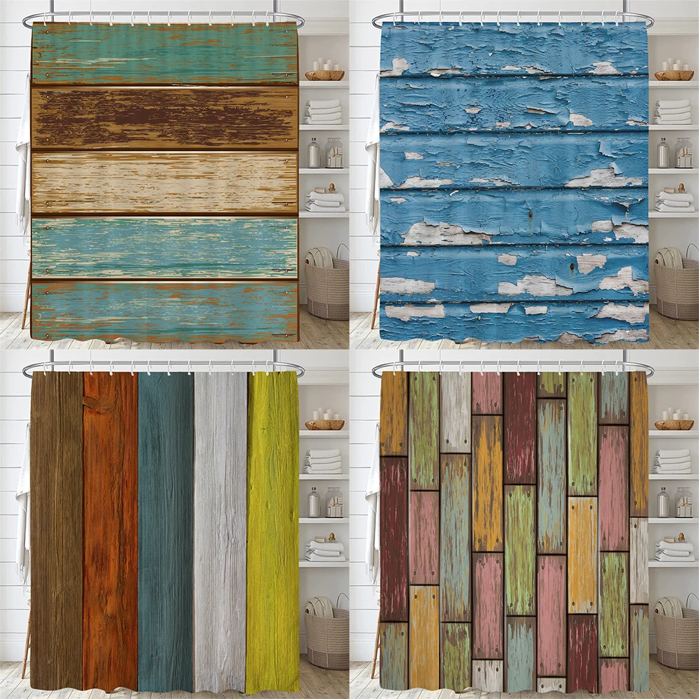 

Vintage Wood Grain Printed Shower Curtain Washable Curtain with Hooks Bathroom Decorative Curtain Geometry 3D Shower Curtains