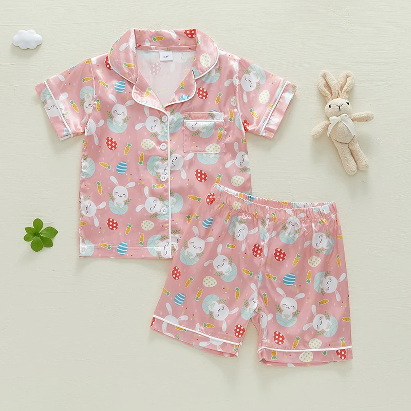 Little Girls Easter Pajamas Set Bunny Button Down V Neck Short Sleeve Tops and Shorts Summer Lounge Wear 2 Pieces Set