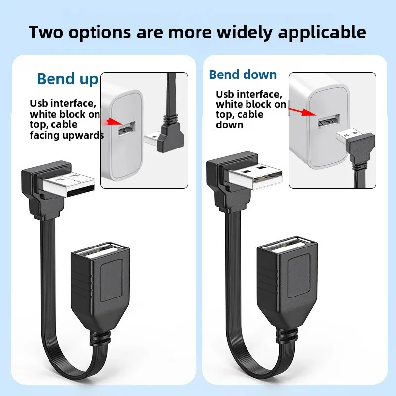 Flexible USB Extension Cable, 90-Degree USB Male-to-Female Adapter Cable, USB to USB-C Angled Cable, Flat Cable