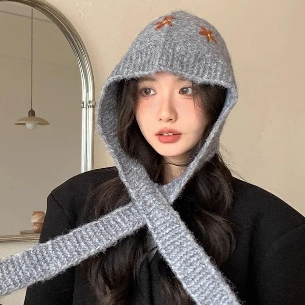 

Cute Sweet Knitted Balaclava Hat Embroidered Flowers Keep Warm Neck Collar Beanies Cap Woolen Polyester Pullover Cap Girls