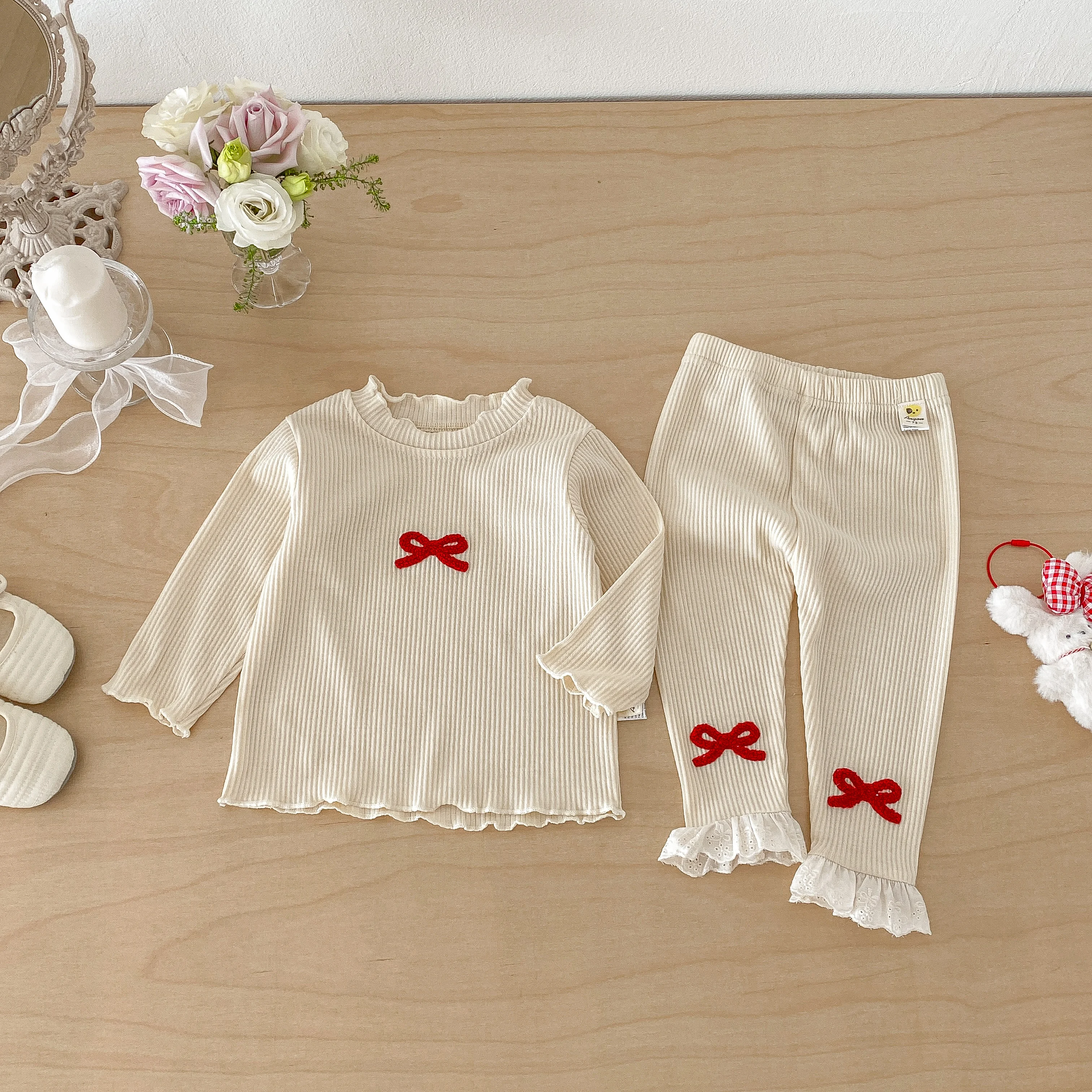 Korean Style Ins Long-Sleeved Bow Tie Base Shirt Set, Spring Baby Fashionable Two-Piece Set