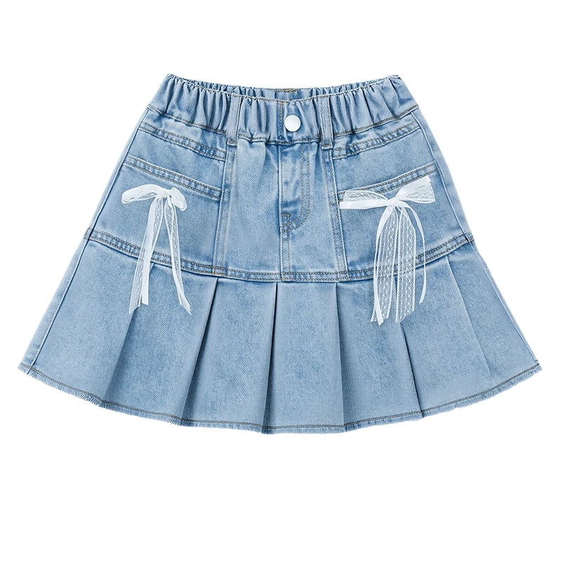 Girls Denim Skirt High Waist Pleated A-Line Short Skirt Casual Bow Decor Kids Spring Summer Fashion Clothing