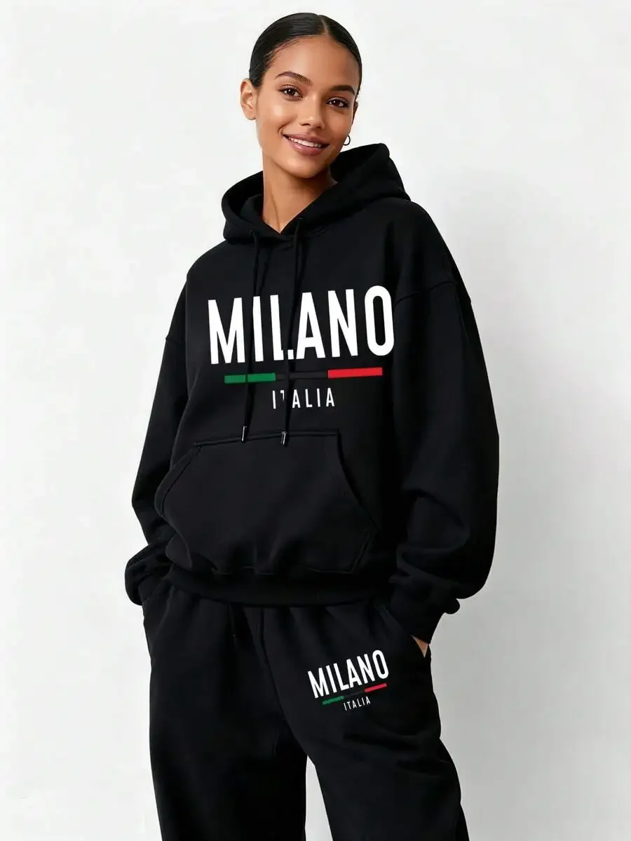 Women's Tracksuit Set With Milan Letter Graphic Print, 2 Piece Polyester Hoodie And Sweatpants, Casual Streetwear Outfit For