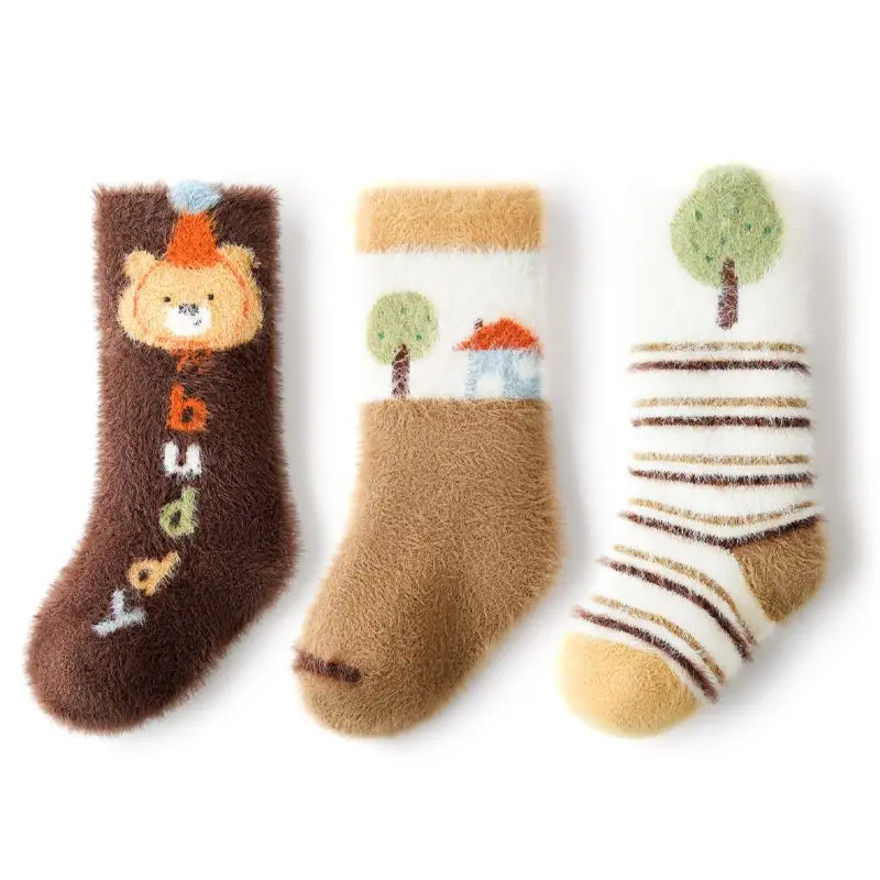 

3-Pair Children's Socks - Winter Synthetic Felt Thick and Warm Baby Mid-Calf Socks - Cartoon-Style Cute Without Bones Baby Socks
