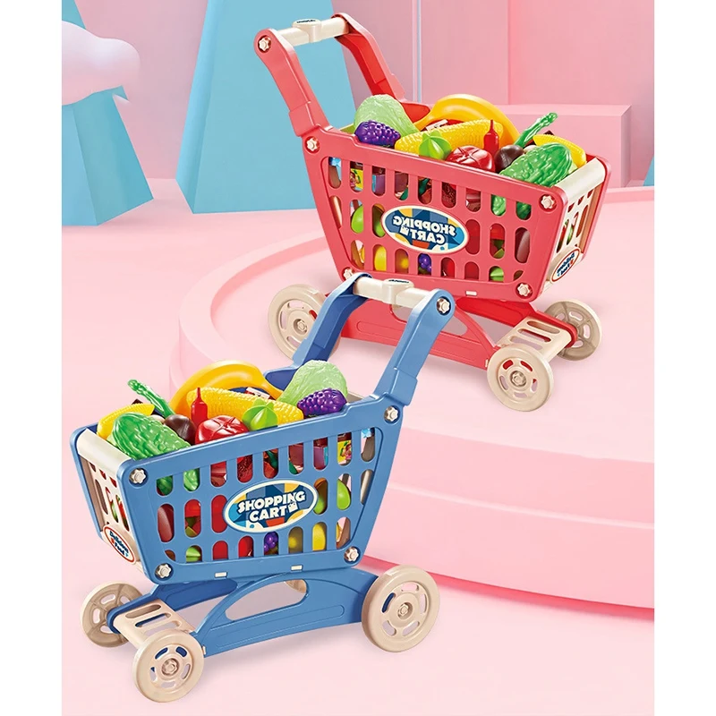 Juego de carrito de compras de juguete de juego de rol, carrito de comestibles con comida de imitación, accesorios de cocina para niños (azul)