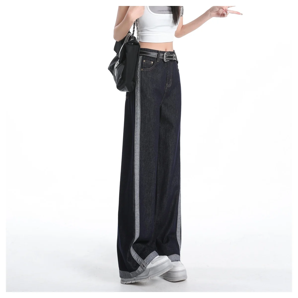 Preto de cintura alta calças de brim retas primavera & outono moda feminina casual calças de perna larga y2k calças 2025 design sentido calças de chão