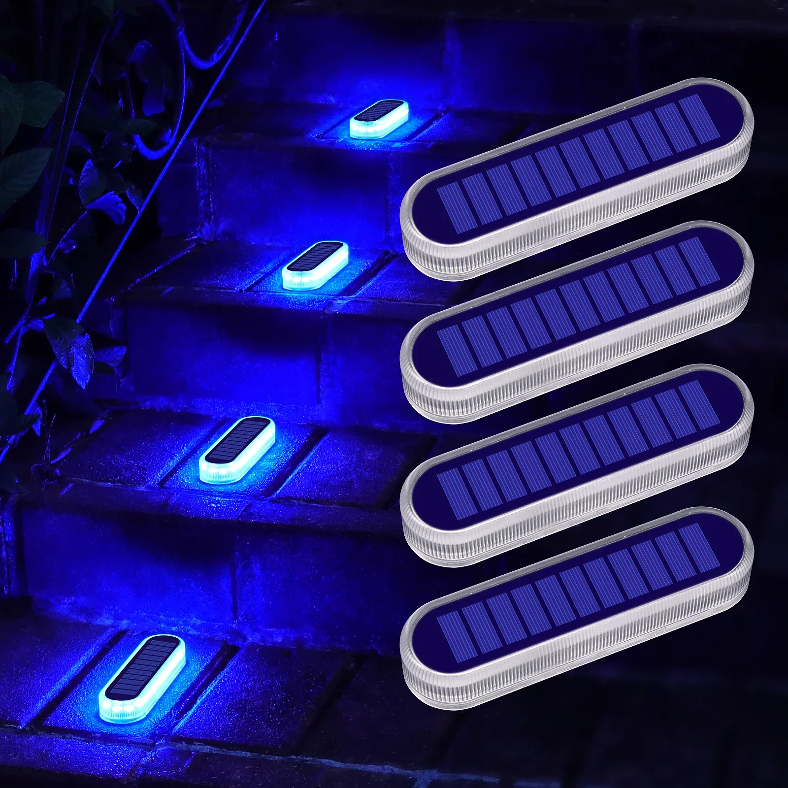 

YiLaie Unique Solar Step Lights 4 pack for Patio Fence Garden Dock Backyard Pathway Waterproof IP68 Blue LED Solar Deck Lights