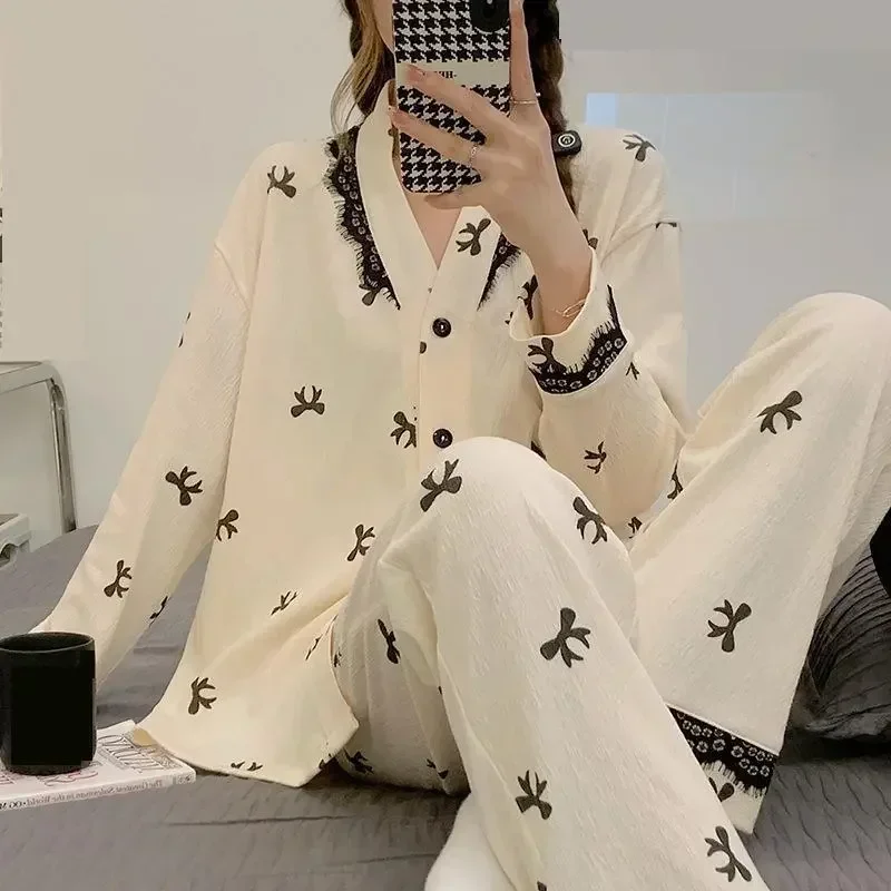 Рубашка Брюки Ночная рубашка Пижамы с v-образным вырезом Пижамы Кружевной комплект для сна Весенняя женская одежда для сна с рукавами Пижамный костюм Длинный комплект нижнего белья