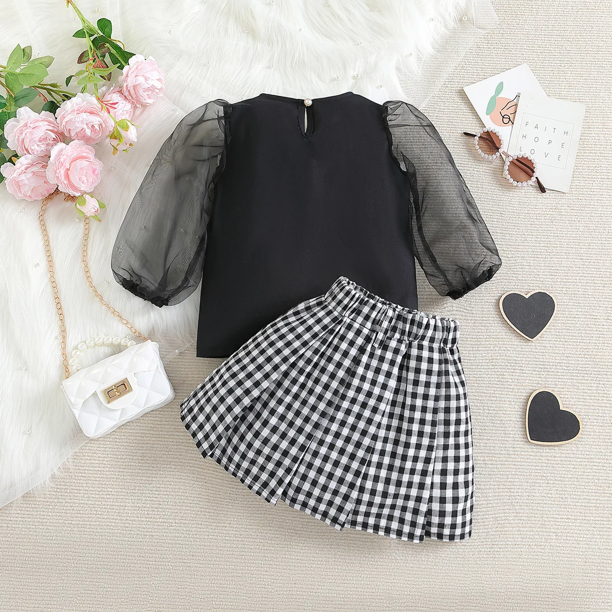 Baby girls party dress Children's clothing autumn new girls suit stylish mesh sleeve top plaid skirt children's two-piece suit