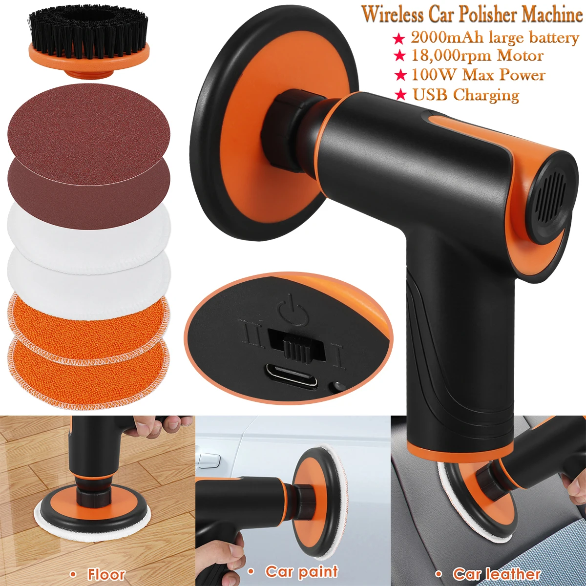 Wireless Car Polisher Machine Handheld Car Waxing Polishing Sanding Machine Buffer Polisher 18000rpm Motor 2000mah Large Battery