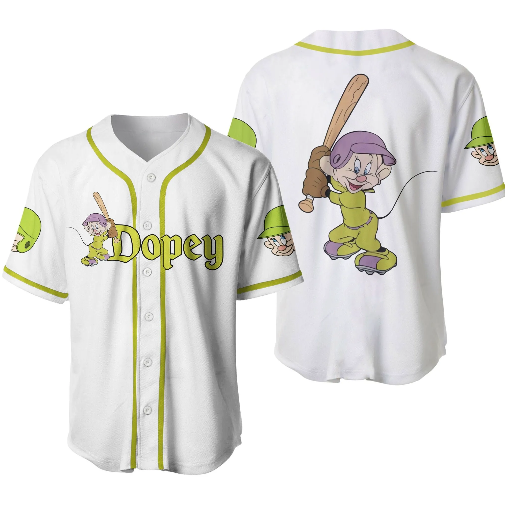 Dopey Dwarf White Green Disney Baseball Jersey Shirt 3D casual T-shirt men and women can wear Disney custom name Baseball shirt