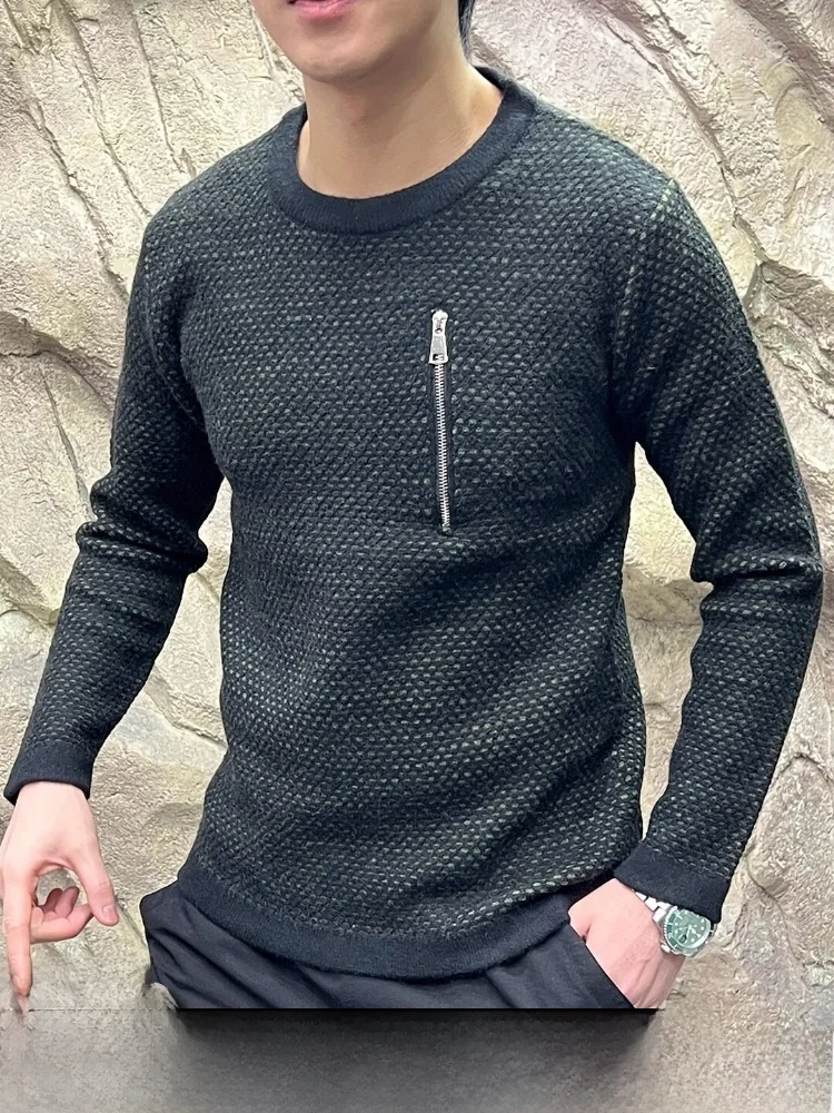 

Мужской зимний свитер на молнии с флисовой подкладкой, вязаный, из смесового шелка, теплый, термо, с декоративной молнией, повседневный, с круглым вырезом