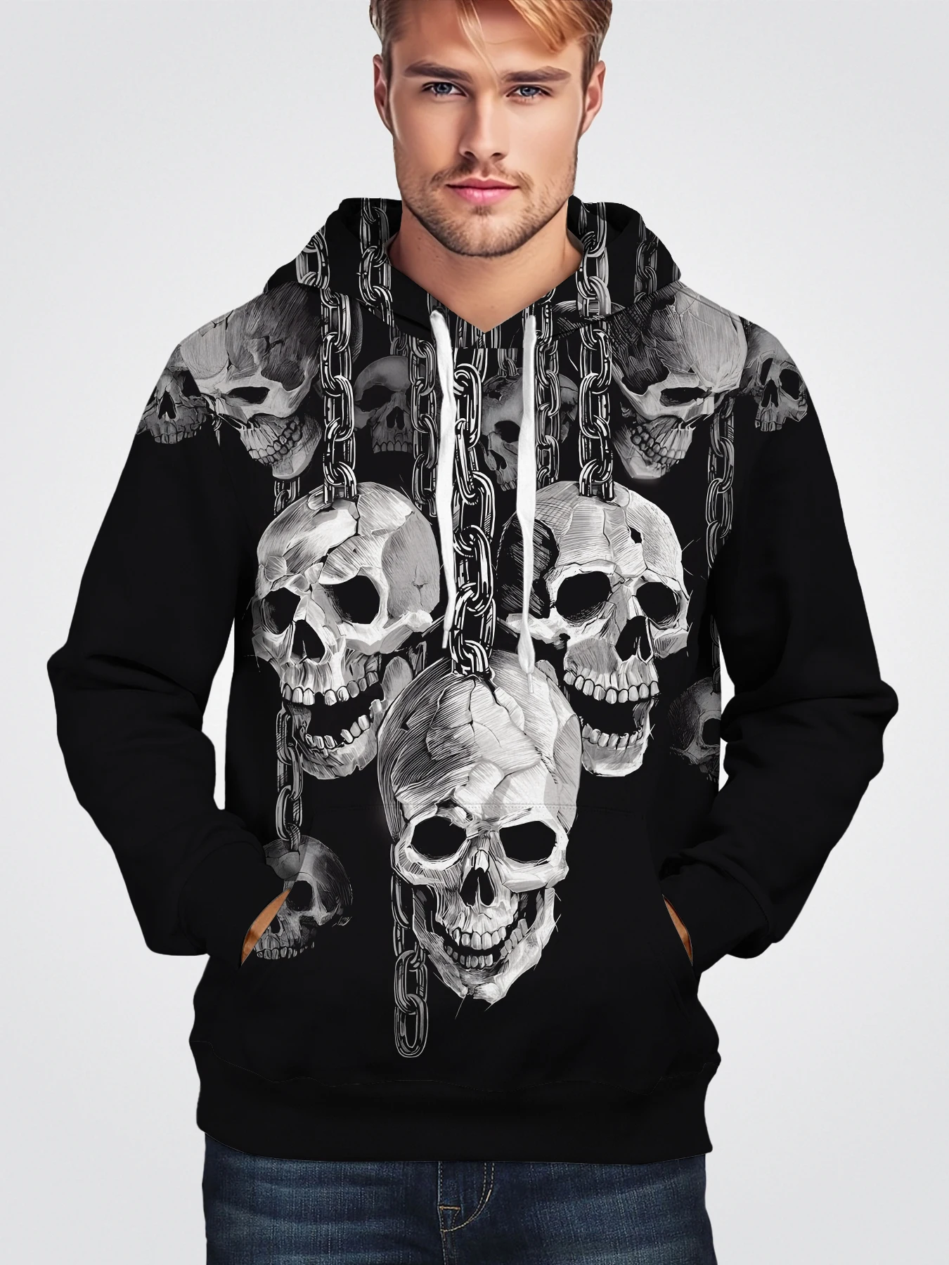 Dark Chain Skull Men's Long Sleeve Hoodie 3D All Over Print Casual Spring Autumn Pullover Hooded Jumper Streetwear Punk Clothing