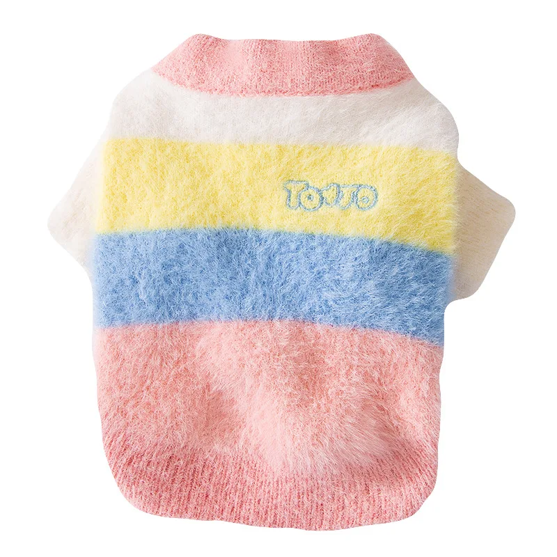 Autumn and Winter Dog Teddy Warm Thick Rainbow Striped Cardigan Sweater Cat Letter Pet Dog Clothes for Small Dogs Puppy Clothes