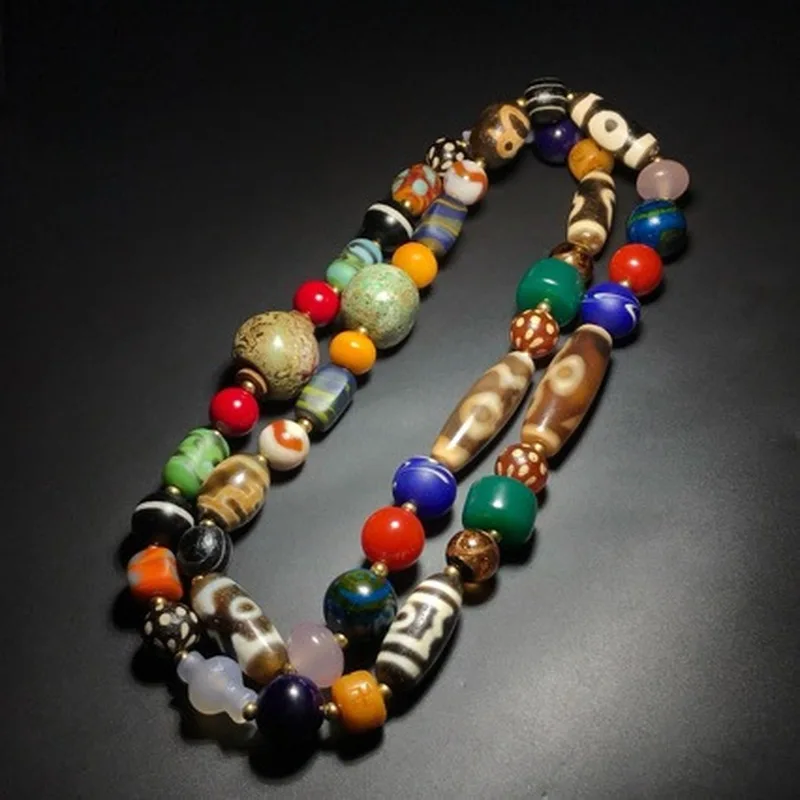 Vintage Tibetan-Style Dzi Bead Agate Necklace, Cultural Accessory, Hand-Woven Rope Pendant, Buddhist Beads Men And Women