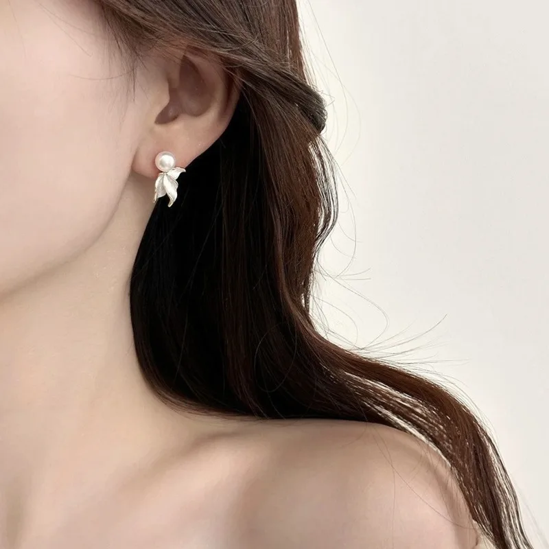 Jellystory S925 Silver Pearl Fish Tail Stud Earrings New Trendy Niche High End Minimalist Women's Jewelry Gift for Her