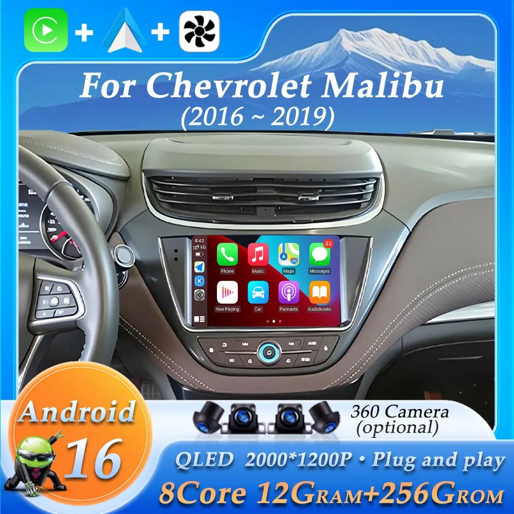 Radio para Auto con GPS para Chevrolet Malibu 2016-2019, Estéreo con WiFi, 4G, Bluetooth, Pantalla IPS, CarPlay, Reproductor Multimedia de Audio y Video, Pantalla Dividida 2K