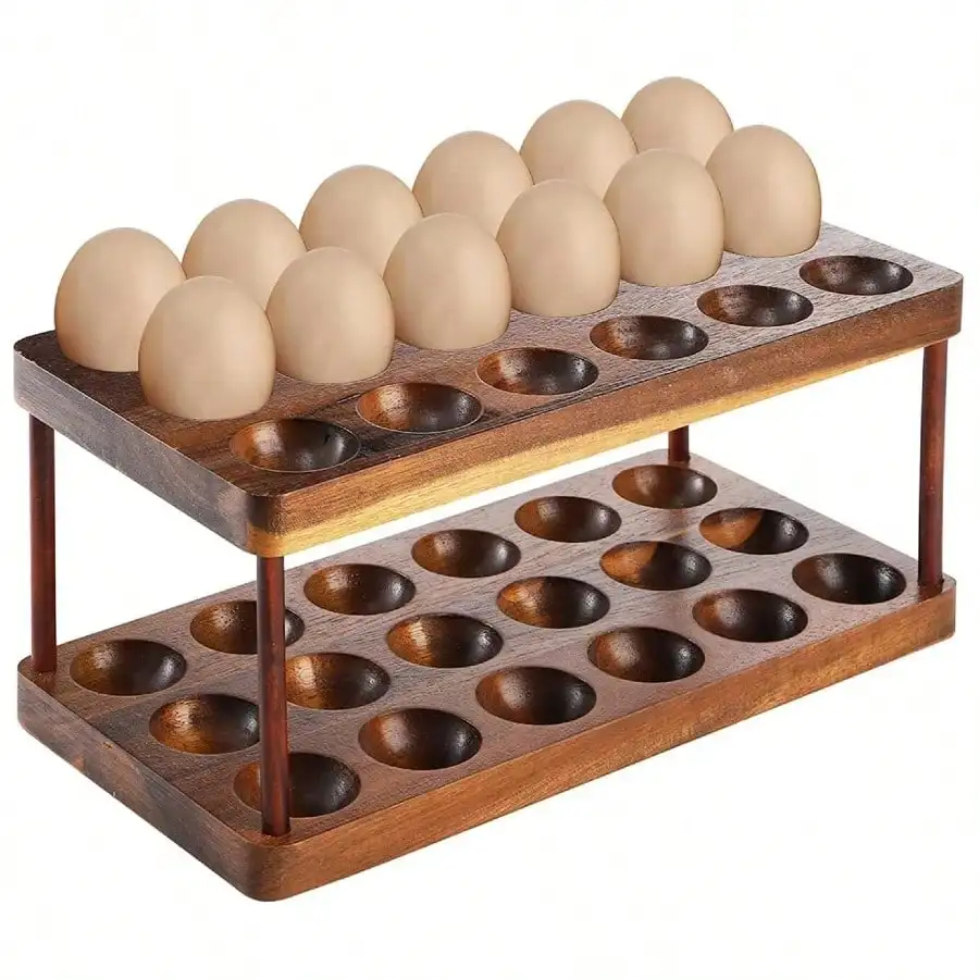 Acacia Wooden Egg Holder With Double Layers, Detachable Wooden Egg Tray Holds 36 Fresh Eggs, Countertop Storage Rack For Gathering Fresh & Easter Eggs, Rustic Decor