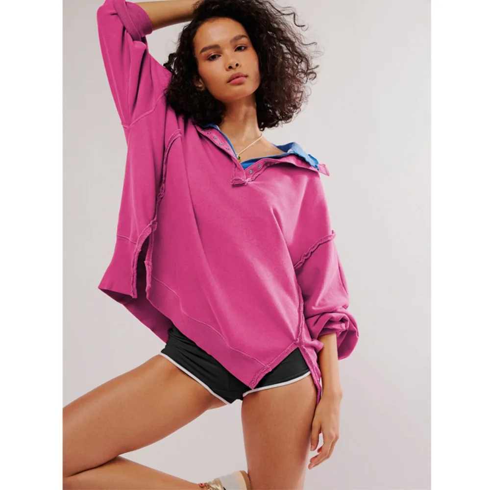 Original Decorative Line Design Polo Neck Hoodie Spring and Autumn Women\'s Fashion Loose Cotton Side Slit Lantern Sleeve Jacket