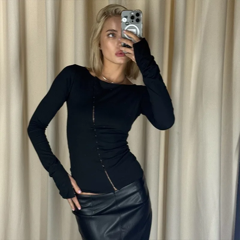 

Talenza Black Hollow Out Top Fashion Sexy Asymmetric Pullover Long-Sleeve Top Solid Hot Girl Party Slim Spring Autumn Women Tops