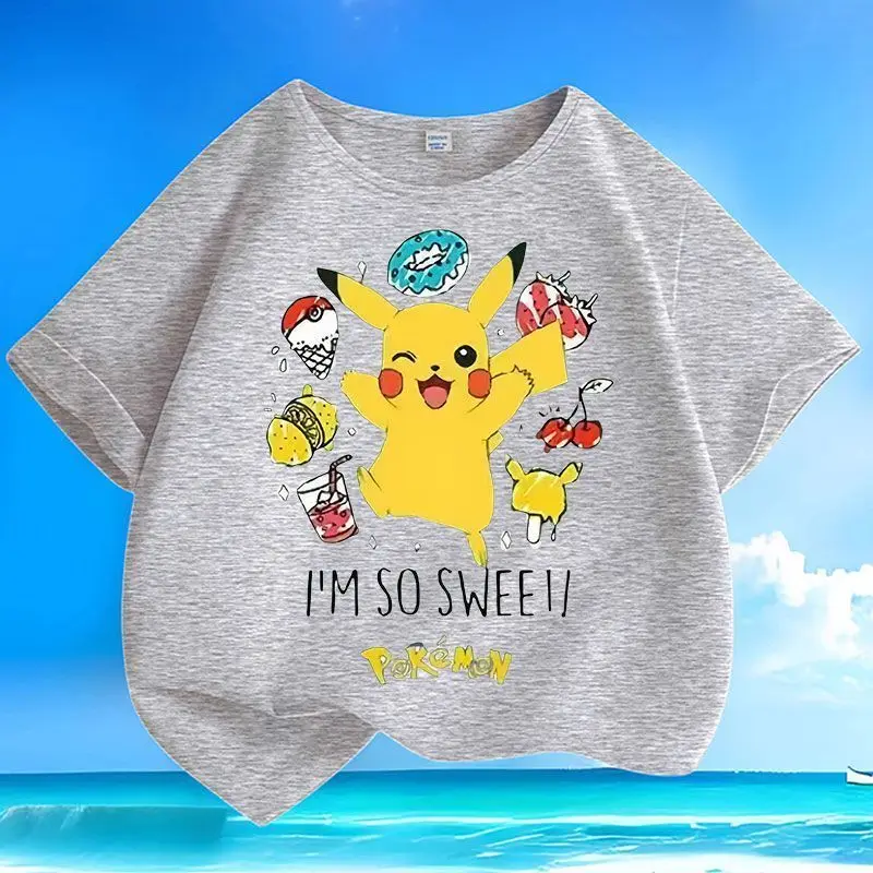 Nuevo Novedad de verano, camiseta Universal de manga corta con dibujos animados de Pok É Mon Pikachu para hombres y mujeres, Top holgado de cuello redondo de algodón puro
