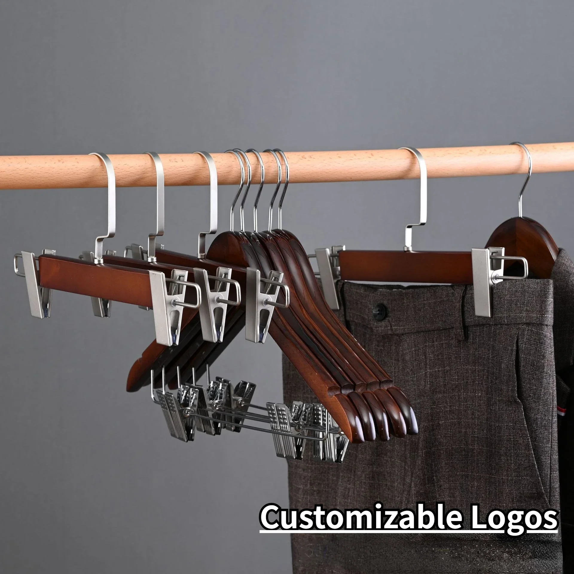 10pcs Vintage Wooden Pants Hangers,Solid Trouser Racks with Adjustable Non-Slip Clips,Home Organizers Hanger for Dress Scarf