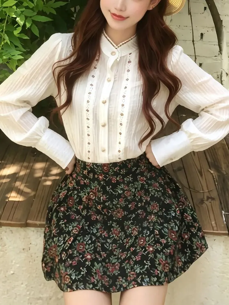 Soft Elegant Long Sleeve Hollow out Shirt And  Skirt Two Piece Set for Spring Autumn Small Size Women's Fashion Ensemble